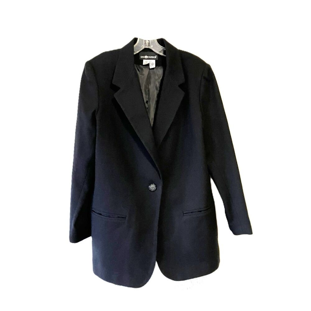 Sag Harbor 100% Pure Wool Black Blazer Jacket Womens Size 12 Vintage Oversized